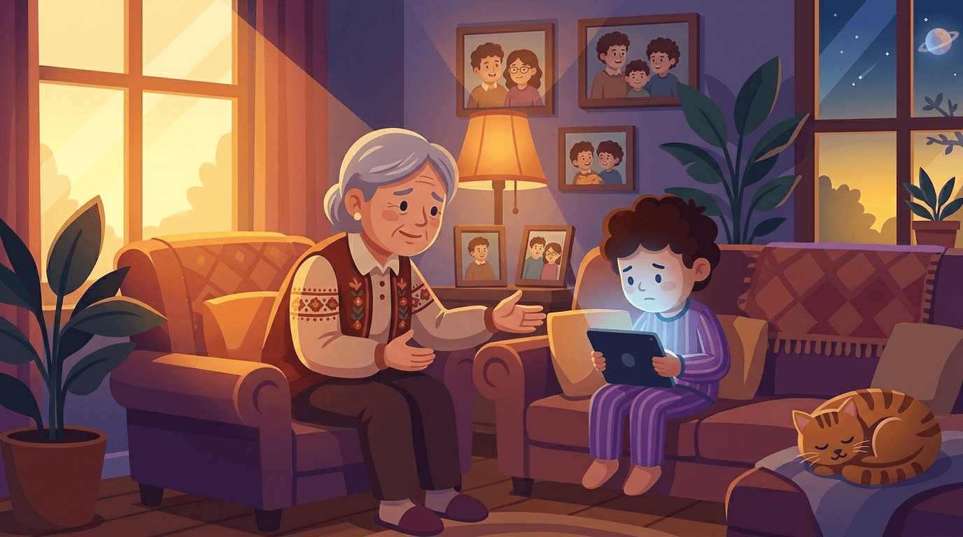 A grandparent and grandchild separated by a language gap